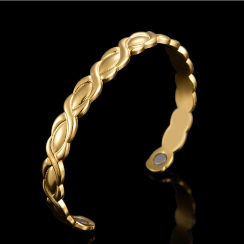 18K Gold Plated Copper Magnetic Therapy Bracelet For Women Open Adjustable Braided Wheat Pattern Health Care Fashion Jewelry