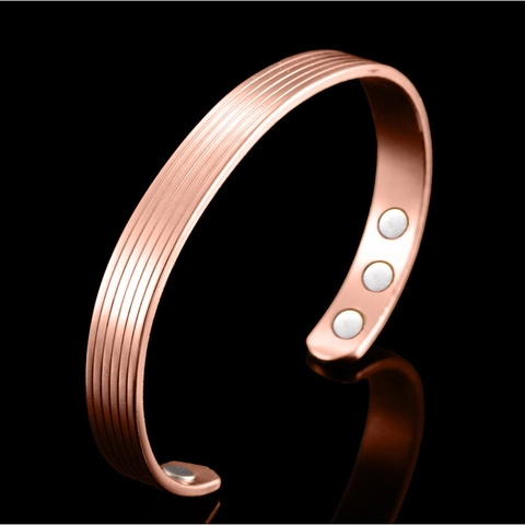 Women Magnetic Copper Bracelet Rose Gold Plated Open Cuff Bangle Grooved Line Design Magnet Inlay Health Therapy Jewelry