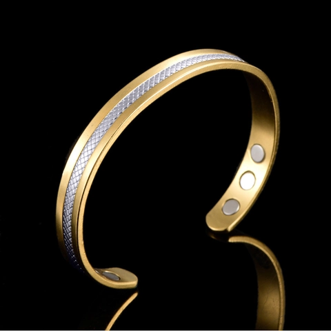 18K Gold Plated Copper Magnetic Therapy Bracelet Women Health Care Open Cuff Bangle Two Tone Geometric Jewelry Gift
