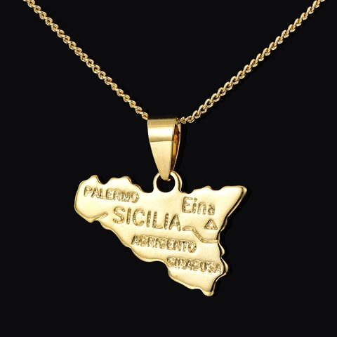 Collier Pendentif Carte de Sicile en Cuivre Plaqué Or 18K pour Femme Bijoux Géographiques Gravés Carte de l'Île Italienne