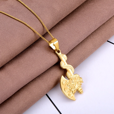 Vergoldete Kupfer Drachen Axt Anhänger Halskette Mythologischer Stil Drachenmuster Kette Für Herren Damen Schmuck Geschenk