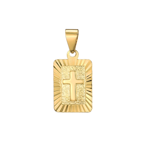 18K Vergoldet Kupfer Kreuz Anhänger Halskette Rechteckige Platte Religiöser Sonnenstrahl Gravierter Schmuck Für Damen Herren