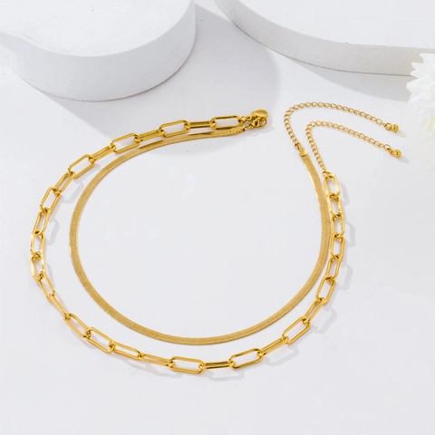 Vintage 18K Gold Plated Stainless Steel Paperclip Chain And Copper Flat Snake Chain Necklace Set With Extender Chain For Women