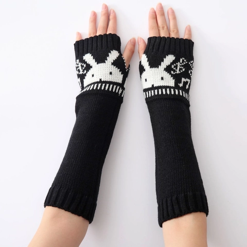 Women's Long Knitted Fingerless Gloves Acrylic Warm Arm Warmers With Cartoon Rabbit Pattern Winter Jacquard Mittens