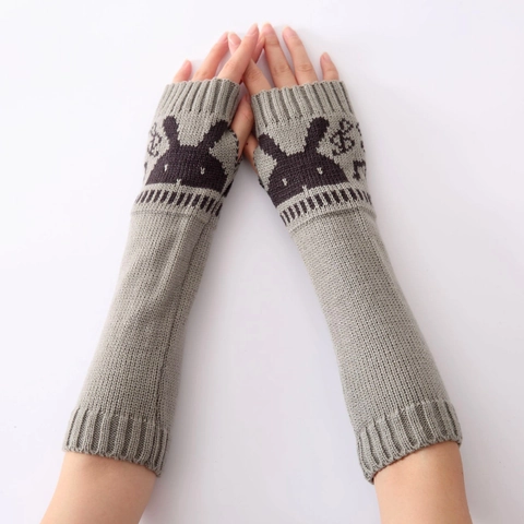 Women's Long Knitted Fingerless Gloves Acrylic Warm Arm Warmers With Cartoon Rabbit Pattern Winter Jacquard Mittens