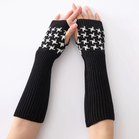 Damen Hahnentritt Muster Gestrickte Fingerlose Handschuhe Herbst Winter Warme Lange Armstulpen Acryl Weiche Fäustlinge