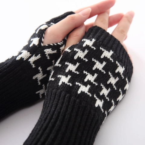 Damen Hahnentritt Muster Gestrickte Fingerlose Handschuhe Herbst Winter Warme Lange Armstulpen Acryl Weiche Fäustlinge
