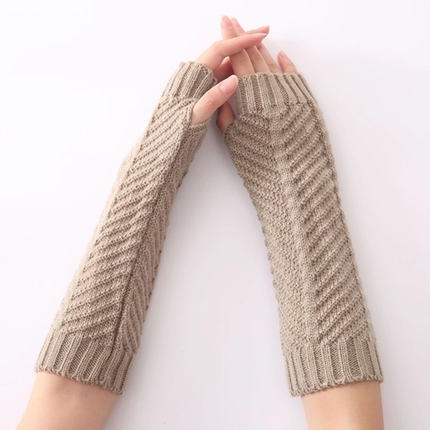 Unisex Knitted Long Fingerless Gloves Winter Warm Acrylic Arm Warmers With Thumb Hole Solid Color Fishbone Pattern Sleeve