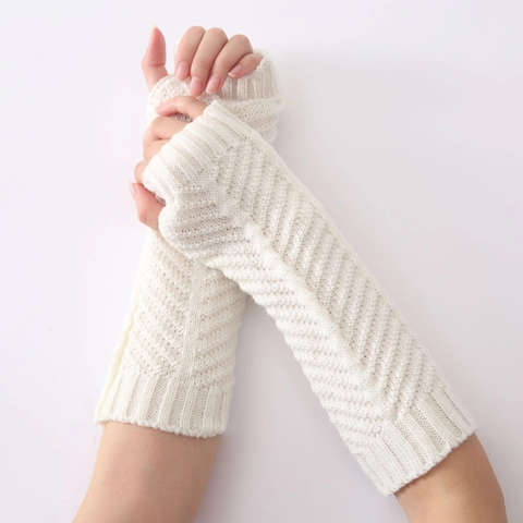 Unisex Knitted Long Fingerless Gloves Winter Warm Acrylic Arm Warmers With Thumb Hole Solid Color Fishbone Pattern Sleeve