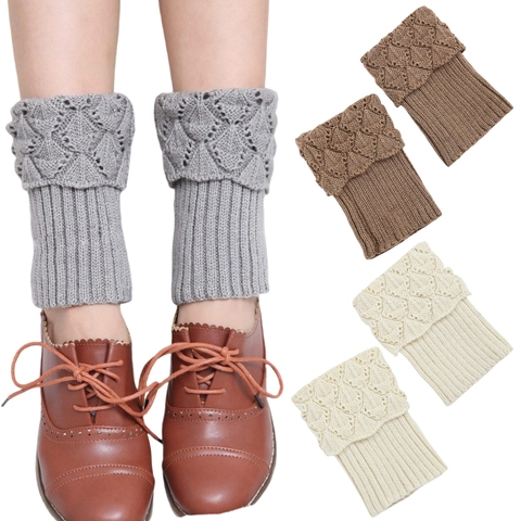 Women Winter Knitted Acrylic Boot Cuffs Hollow Out Crochet Leg Warmers Solid Color Soft Warm Toppers Foot Cover Accessory