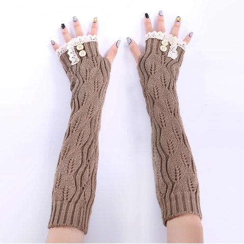Women Long Knitted Fingerless Gloves With Lace Trim Wood Buttons Winter Warm Arm Warmers Cable Knit Leaf Pattern Sleeves