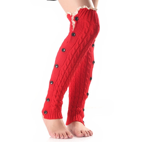 Dames Kabelgebreide Beenwarmers Met Kant En Decoratieve Knoppen Winter Warme Gebreide Boot Cuffs Zachte Acryl Gehaakte Lange Sokken