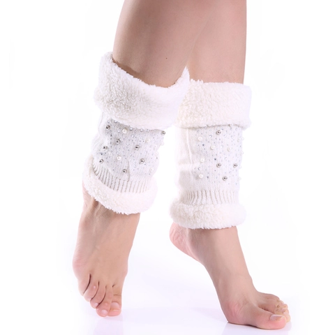 Women's Winter Knit Leg Warmers With Artificial Pearl Rhinestone Accents Faux Fur Trim Warm Acrylic Cashmere Blend Boot Cuffs Socks