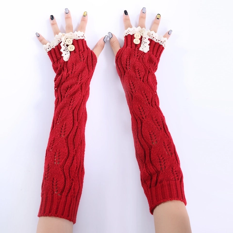 Women Long Knitted Fingerless Gloves With Lace Trim Wood Buttons Winter Warm Arm Warmers Cable Knit Leaf Pattern Sleeves