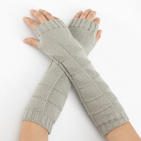 Knitted Long Fingerless Gloves Women Men Winter Warm Acrylic Arm Sleeves With Thumb Hole Solid Geometric Pattern Wrist Warmer