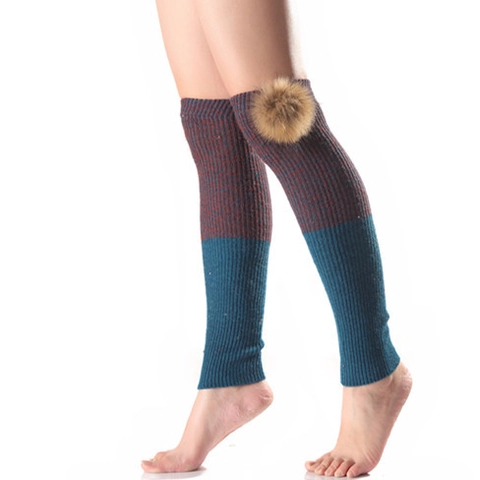 Damen Winter Strick Beinstulpen Farbblock Kaschmirmischung Gerippte Oberschenkelhohe Socken Mit Abnehmbaren Pompons Warme Overknee Stulpen