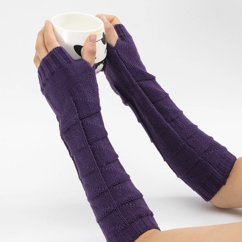 Knitted Long Fingerless Gloves Women Men Winter Warm Acrylic Arm Sleeves With Thumb Hole Solid Geometric Pattern Wrist Warmer