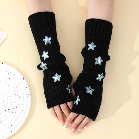 Manguitos de Punto de Acrílico para Mujer con Patrón de Estrellas Guantes Largos sin Dedos de Moda Calentadores de Brazos de Punto