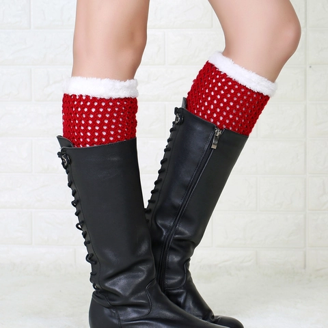 Jambières de Noël Rouges en Maille Tricotée pour Femmes Bordure Fausse Fourrure Poignets de Bottes Hiver Chaud Accessoires Fête