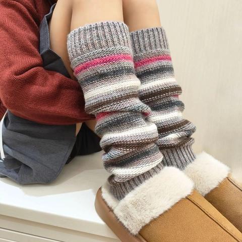 Women Striped Slouchy Knit Leg Warmers Y2K Vintage Thick Warm Acrylic Boot Cuffs For Winter Daily Indoor Outdoor Accessories
