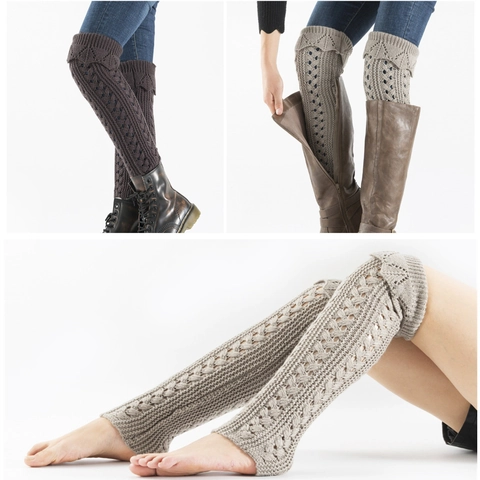 Damen Beinstulpen Zopfmuster Gehäkelt Hohl Gitter Overknee Stulpen Acryl Warm Boot Cuffs Fußlose Socken Zubehör