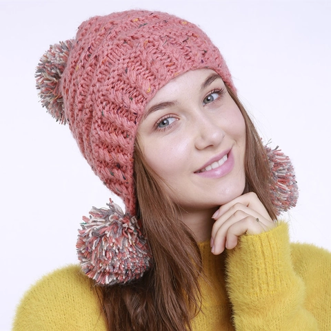 Berretto in Maglia Donna Colori Misti Con Tre Pompon Invernale Caldo Protezione Orecchie Cappello Uncinetto Acrilico Per Esterno
