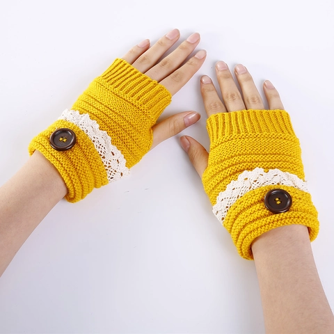 Women Winter Warm Acrylic Knitted Fingerless Gloves With Lace Trim And Button Decoration Short Arm Sleeves Solid Mittens