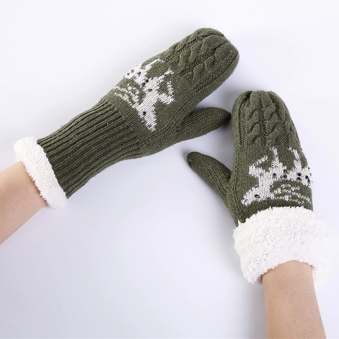 Moufles Tricotées Chaudes d'Hiver pour Femmes Avec Revers en Fausse Fourrure Motif Renne Flocon de Neige Strass Noël