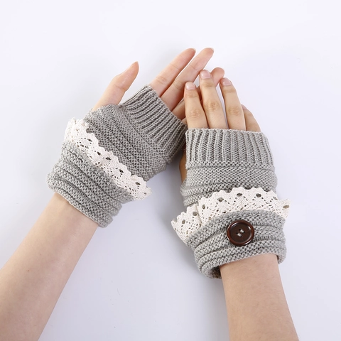 Women Winter Warm Acrylic Knitted Fingerless Gloves With Lace Trim And Button Decoration Short Arm Sleeves Solid Mittens