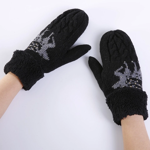 Moufles Tricotées Chaudes d'Hiver pour Femmes Avec Revers en Fausse Fourrure Motif Renne Flocon de Neige Strass Noël
