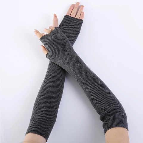 Women Men Knitted Long Fingerless Arm Warmer Gloves Soft Faux Cashmere Acrylic Ribbed Solid Winter Warm Hand Sleeves