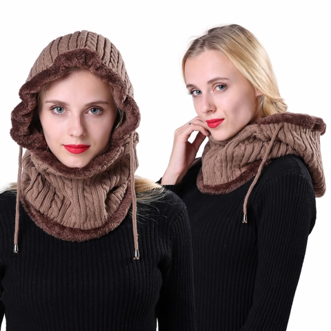 Women Winter Balaclava Beanie Hat Cable Knit Fleece Lined Thick Warm Integrated Hooded Scarf Neck Warmer Windproof Knitted Cap