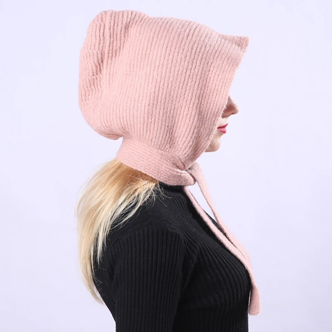 Women Vintage Knitted Ear Protection Bonnet Hat Warm Ribbed Acrylic Balaclava Style For Outdoor Winter Wear