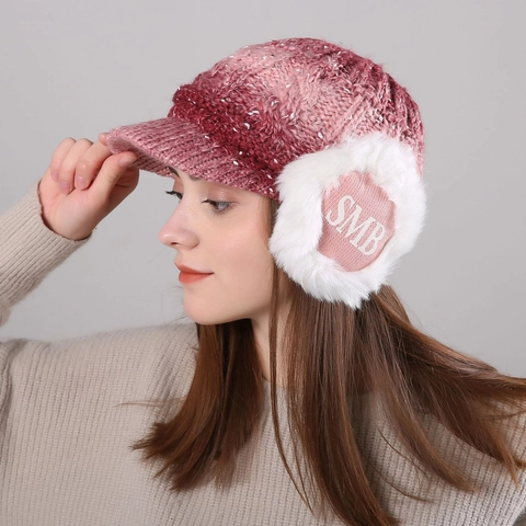 Women Winter Knitted Beanie Hat With Visor Warm Fleece Lined Earflap Cap Faux Fur Earmuffs Letter Print Outdoor Casual Headwear