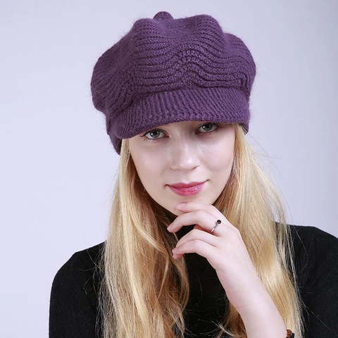 Women Winter Warm Knitted Visor Beanie Hat Thick Thermal Newsboy Cap With Faux Rabbit Hair Fleece Lined Ribbed Knit Hat