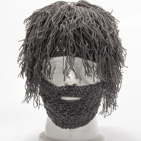 Handmade Crochet Funny Knit Beanie Hat With Detachable Beard Mask Wig Style Halloween Cosplay Warm Acrylic Adults Hat