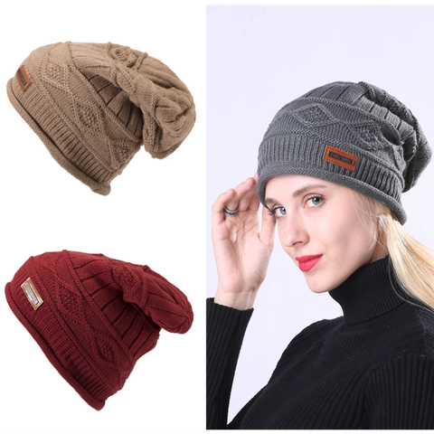 Winter Knitted Slouchy Beanie Hat Fleece Lined Warm Cable Knit Skull Cap With Leather Patch For Men Women Outdoor Daily Use