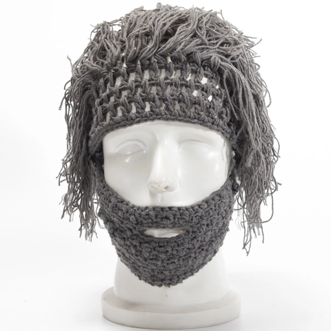 Handmade Crochet Funny Knit Beanie Hat With Detachable Beard Mask Wig Style Halloween Cosplay Warm Acrylic Adults Hat