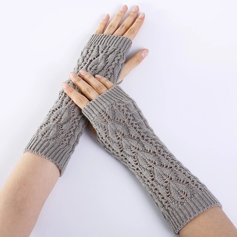 Women's Knitted Acrylic Fingerless Gloves Winter Warm Leaf Hollow Out Arm Warmers Cable Knit Long Mittens For Outdoor Daily Wear