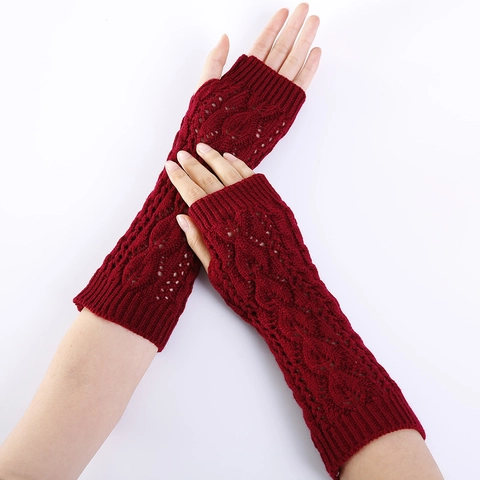 Women's Knitted Acrylic Fingerless Gloves Winter Warm Leaf Hollow Out Arm Warmers Cable Knit Long Mittens For Outdoor Daily Wear
