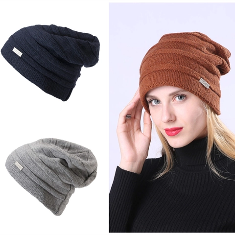 Hommes Femmes Bonnet en Tricot d'Hiver Doublé de Polaire Épaisse Nervuré Acrylique Chaud Couleur Unie Bonnet Souple