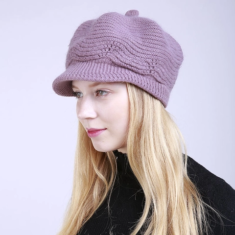Women Winter Warm Knitted Visor Beanie Hat Thick Thermal Newsboy Cap With Faux Rabbit Hair Fleece Lined Ribbed Knit Hat