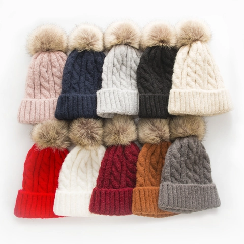 Winter Cable Knit Beanie Hat With Faux Fur Pom-pom Thick Warm Mohair Knit Hat For Women Fashion Solid Color Ribbed Skull Cap
