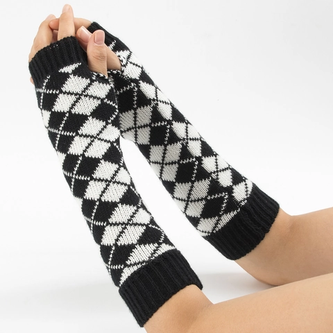 Gants Sans Doigts Longs en Tricot Argyle Manchettes pour Femmes Hiver Chauds Chauffe-Mains en Acrylique Accessoire de Mode Rétro
