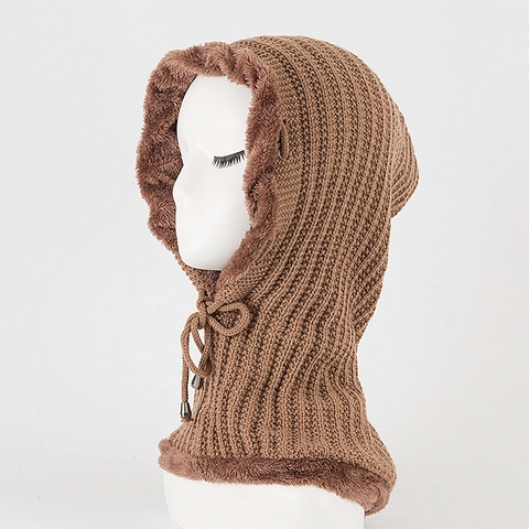 Unisex Winter Thickened Balaclava Hooded Scarf Striped Knit Hat With Faux Fur Lining Adjustable Drawstring Warm Outdoor Mask