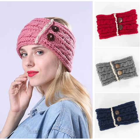 Women Knitted Cable Knit Hairband With Wood Buttons Lace Trim Warm Winter Ear Warmer Headband Acrylic Hair Accessory
