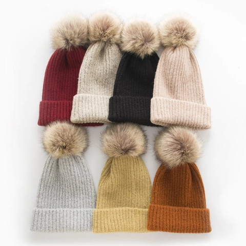 Dames Winter Casmere Mix Geribbelde Gebreide Muts Met Afneembare Grote Synthetisch Bont Pompon Warme Winddichte Beanie