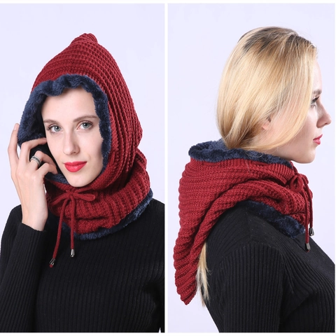 Unisex Winter Thickened Balaclava Hooded Scarf Striped Knit Hat With Faux Fur Lining Adjustable Drawstring Warm Outdoor Mask