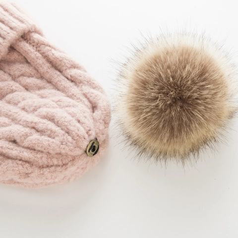 Winter Cable Knit Beanie Hat With Faux Fur Pom-pom Thick Warm Mohair Knit Hat For Women Fashion Solid Color Ribbed Skull Cap
