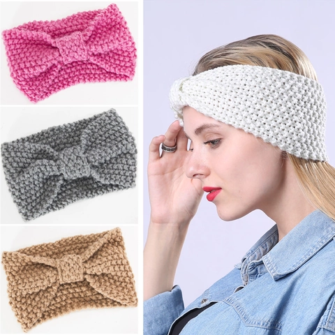 Women Knitted Headband Winter Warm Acrylic Twist Knot Hair Band Handmade Ear Warmer Bow Soft Crochet Head Wrap Daily Accessory
